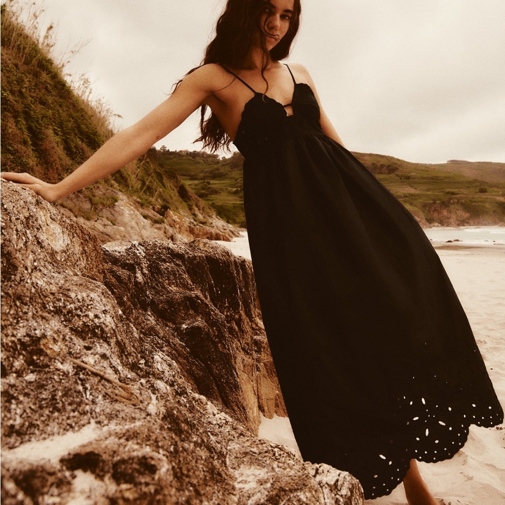 NWT Zara Perforated Poplin Midi Dress - Black Embroidered